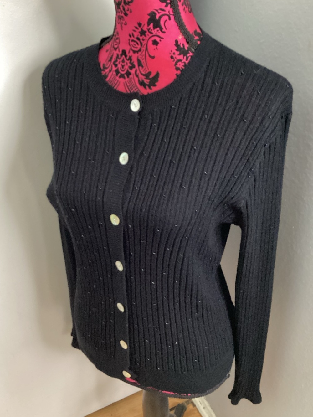 Rafaella Black Ribbed Button Cardigan with Contrast Buttons L